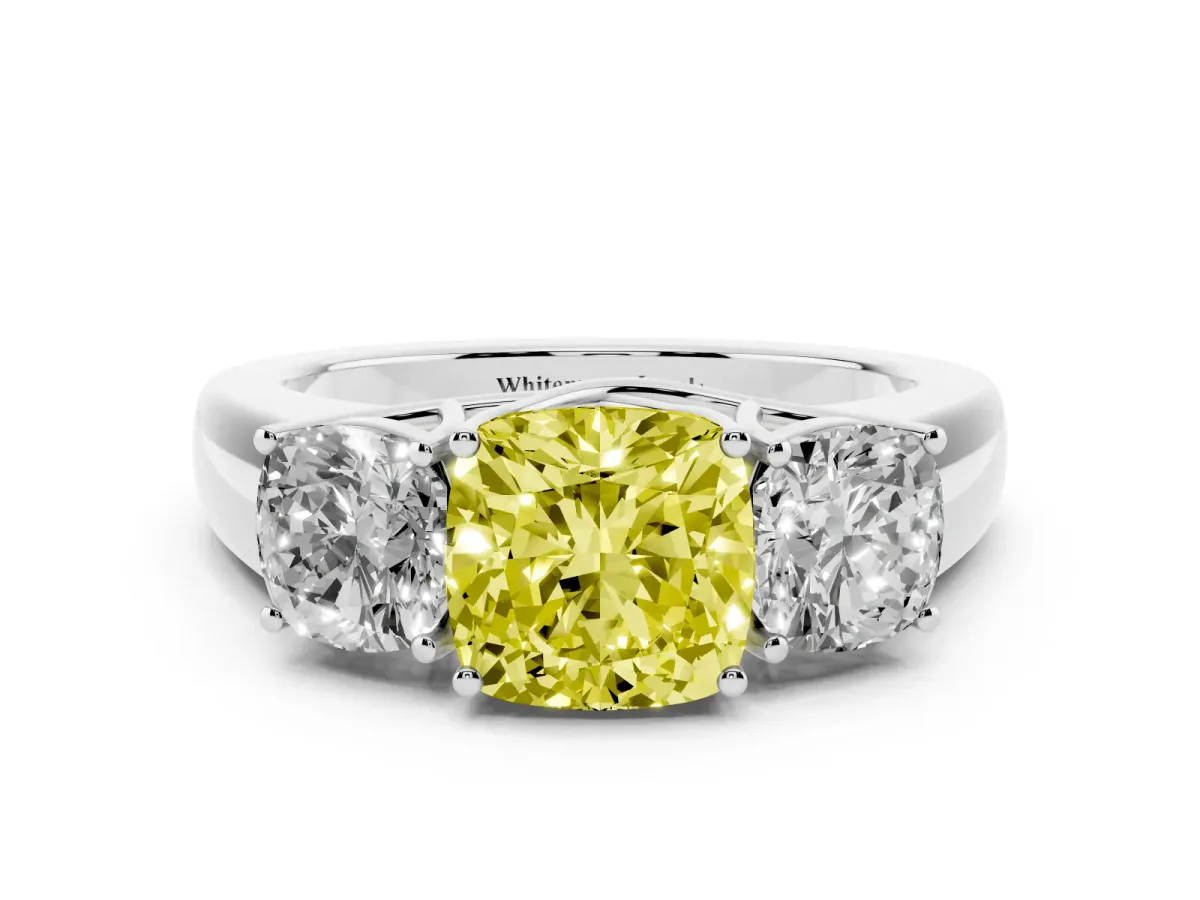 Fancy Yellow Three-Stone Cushion Cut Cut Diamond Ring with Prong Setting and Classic Band Silver