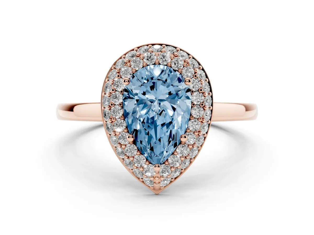 Fancy Blue Pear Cut Halo Diamond Engagement Ring with Solitaire Band and Four-Prong Setting Rose gold