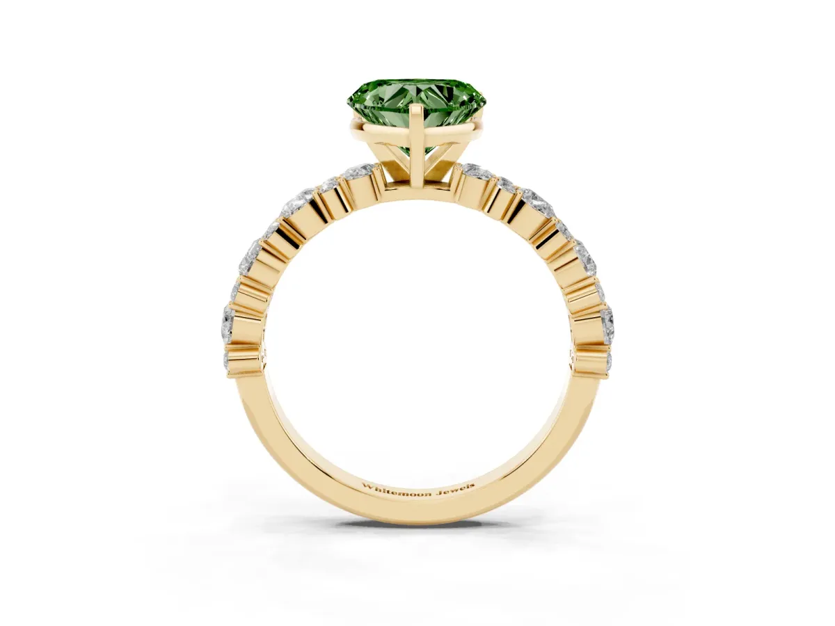 Fancy Green Heart Cut Diamond Side Stone Solitaire Ring with Round and Four-Prong Setting Yellow gold