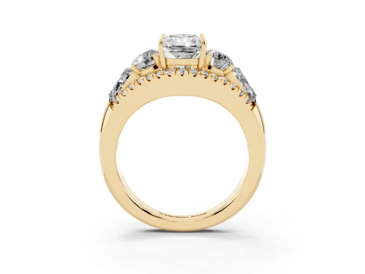 Three-Stone Radiant Cut Diamond Engagement Ring with Pave Band and Prong Setting Yellow gold