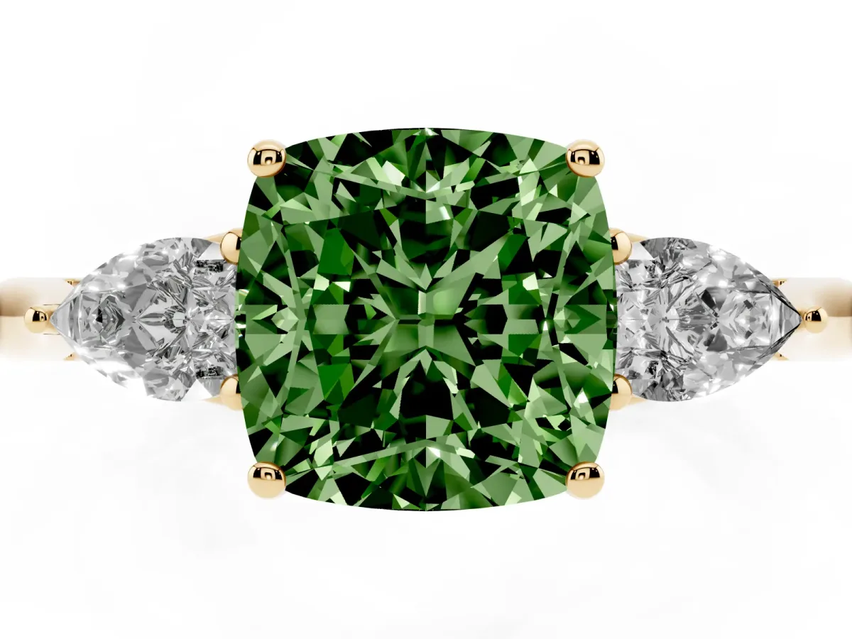 Fancy Green Three-Stone Cushion Cut Diamond Ring with Pear Side Stones in Four-Prong Setting Yellow gold