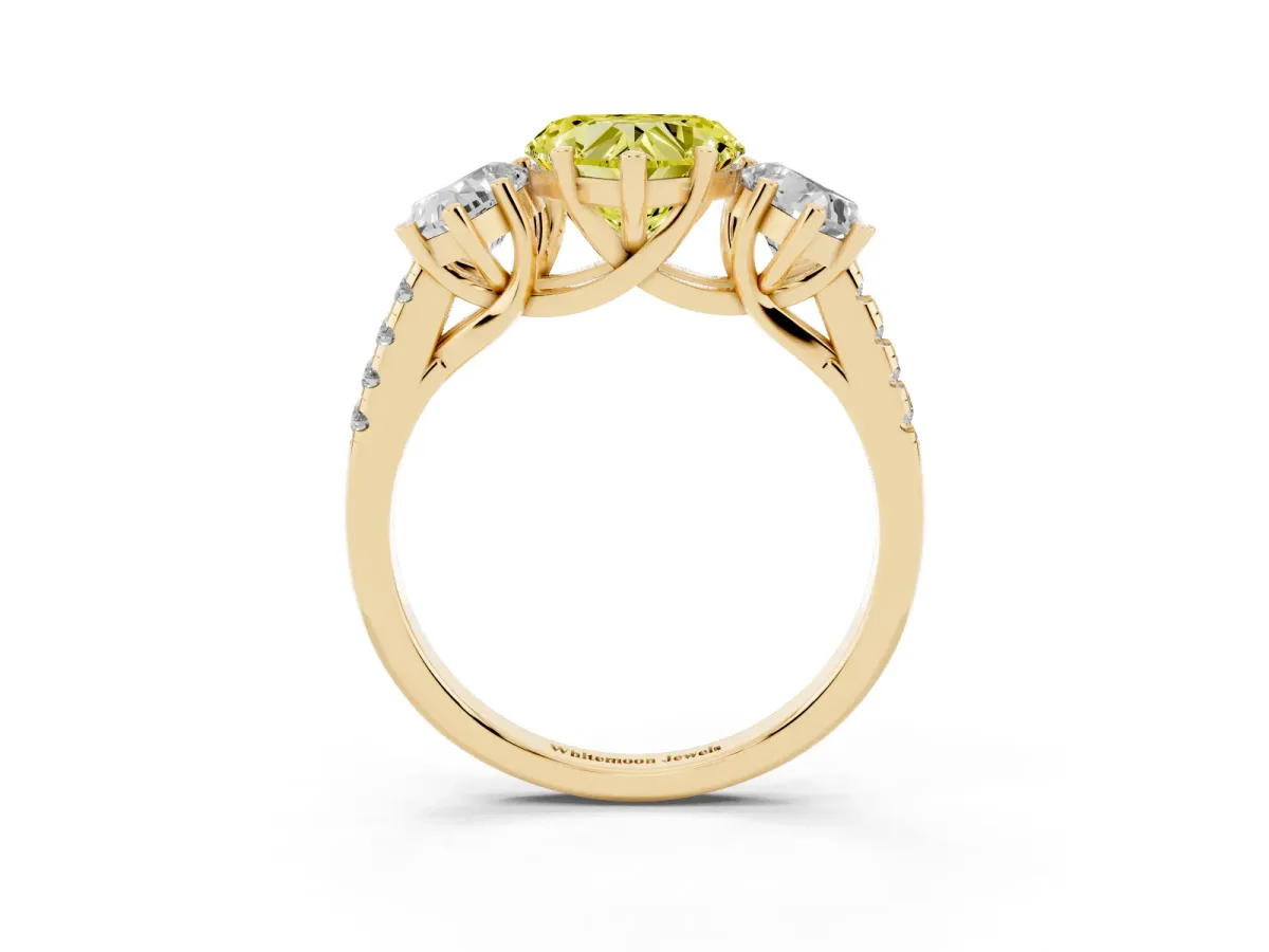Fancy Yellow Three-Stone Heart Cut Diamond Ring with Round Pavé Band and Prong Setting Yellow gold