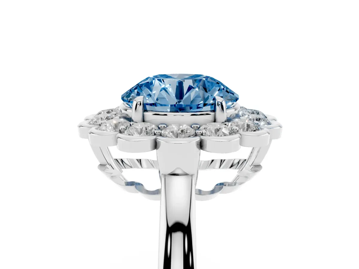 Fancy Blue Round Cut Halo Cluster Diamond Engagement Ring with Solitaire Band and Prong Setting Platinum