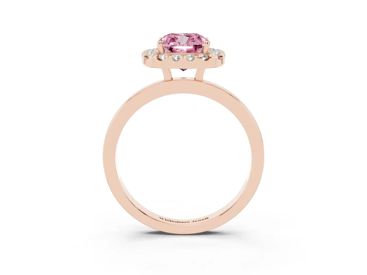 Fancy Pink Cushion Cut Halo Diamond Solitaire with Pavé Band and Four-Prong Setting Rose gold