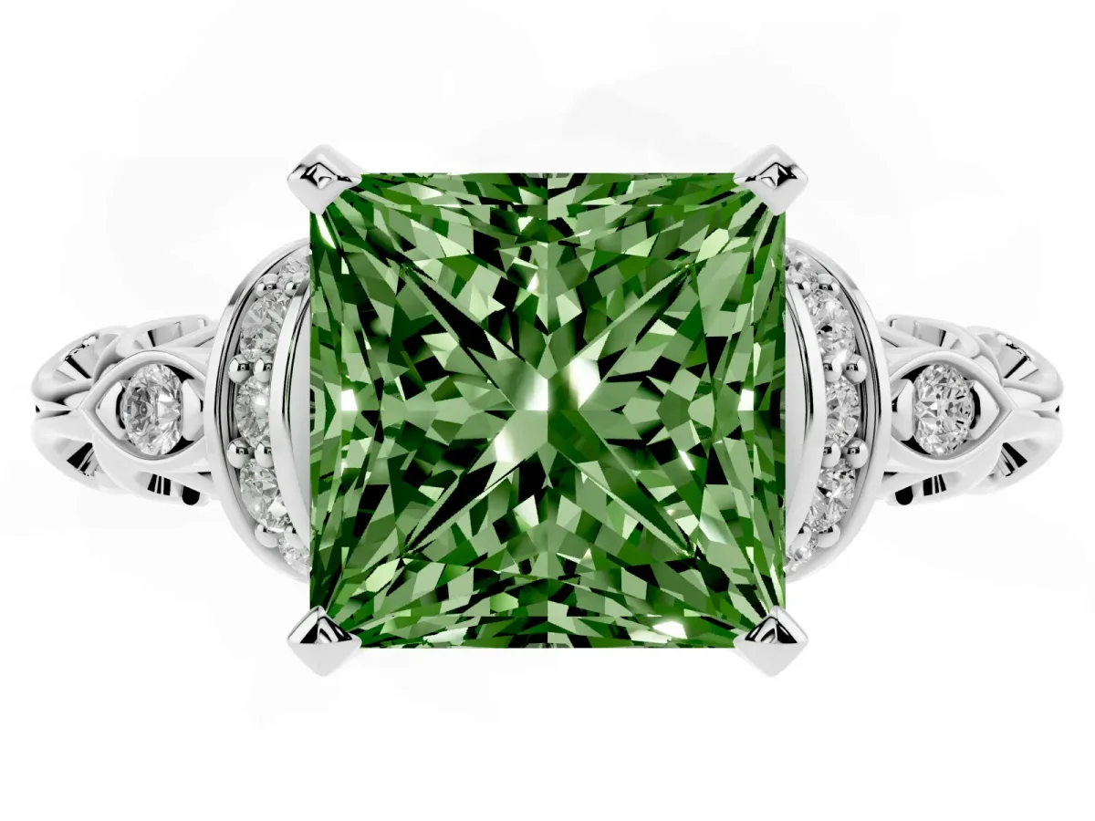 Fancy Green Princess Cut Diamond Solitaire Ring with Filigree Band and Four-Prong Setting Silver