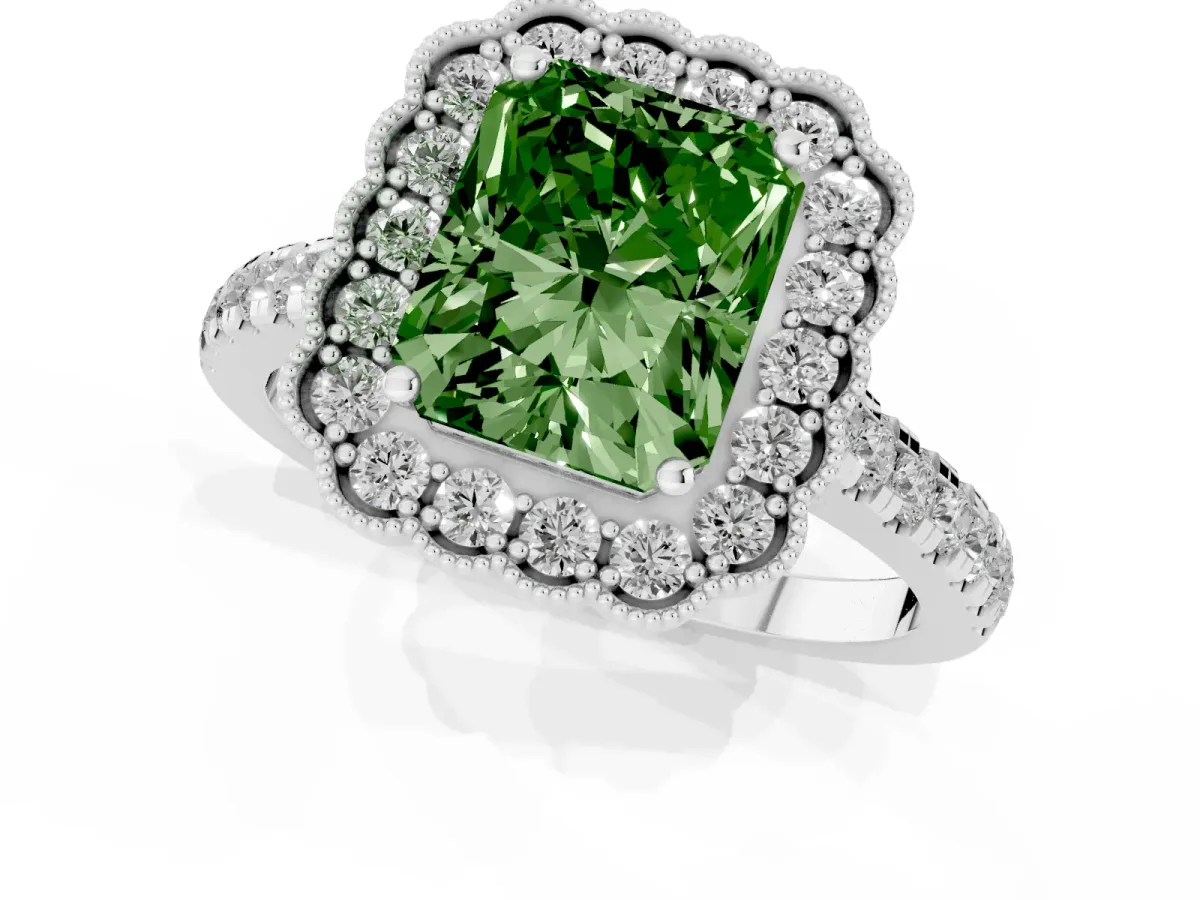 Fancy Green Radiant Cut Cut Diamond Milgrain Floral Halo Engagement Ring with Pavé Band Silver