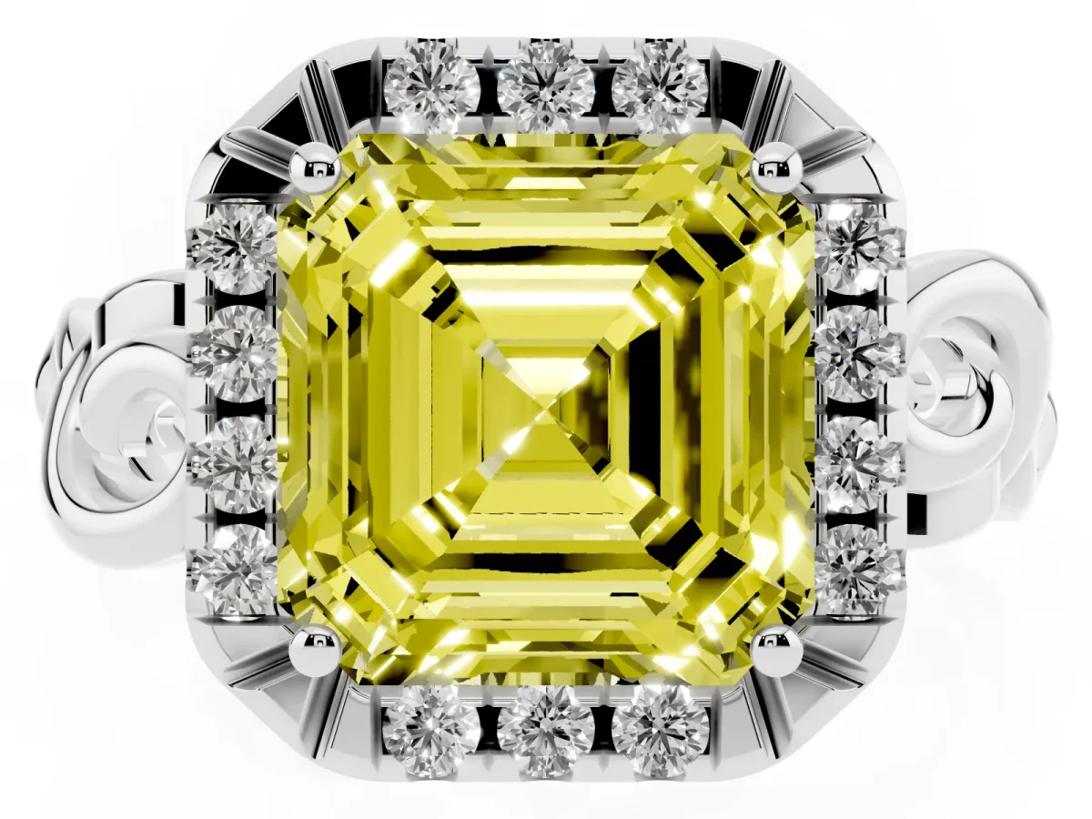 Fancy Yellow Asscher Cut Cut Halo Diamond Ring with Scrollwork Band and Four-Prong Setting Silver