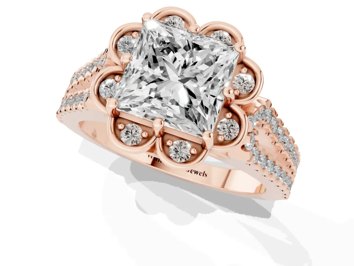 Princess Cut Halo Diamond Floral Split Shank Engagement Ring Rose gold
