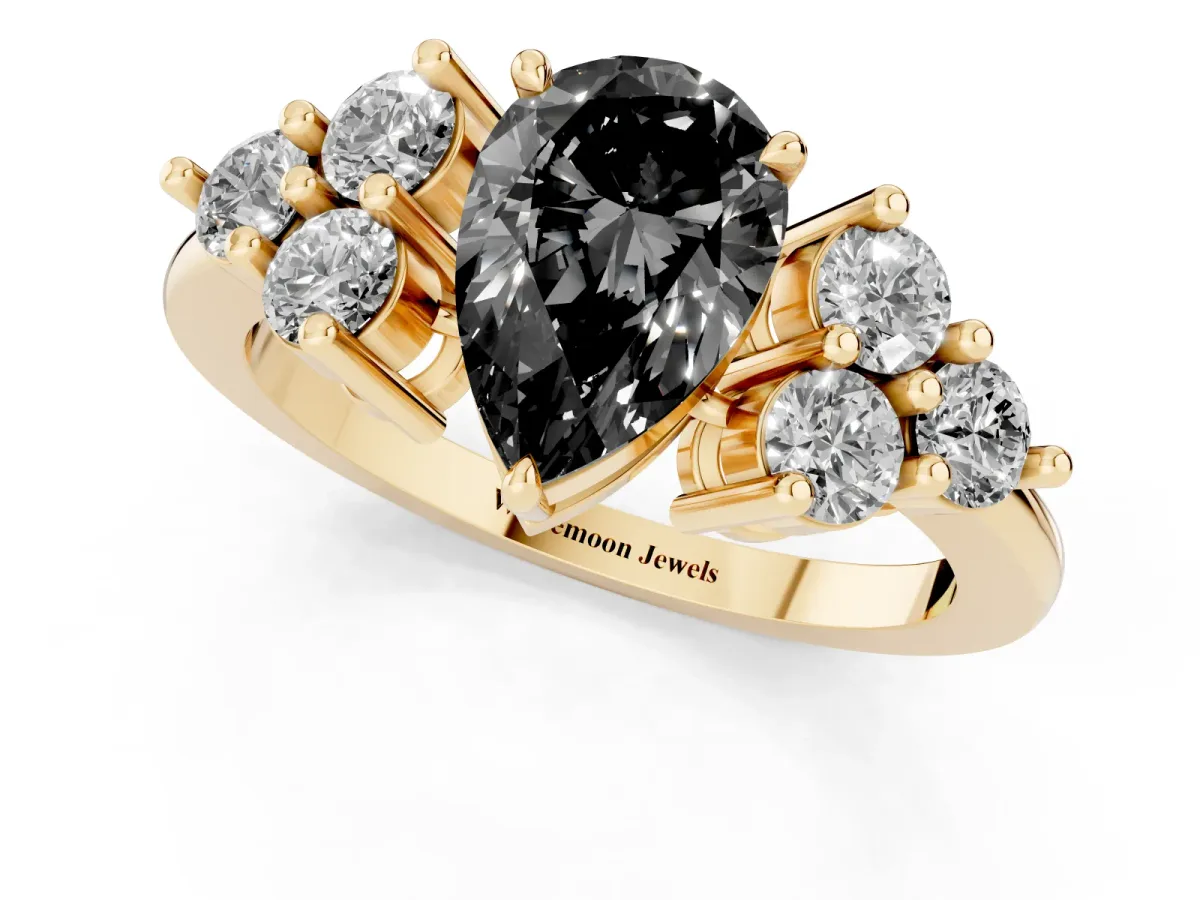 Fancy Black Pear Cut Brilliant Diamond Cluster Accent Solitaire Ring with Prong Setting Yellow gold