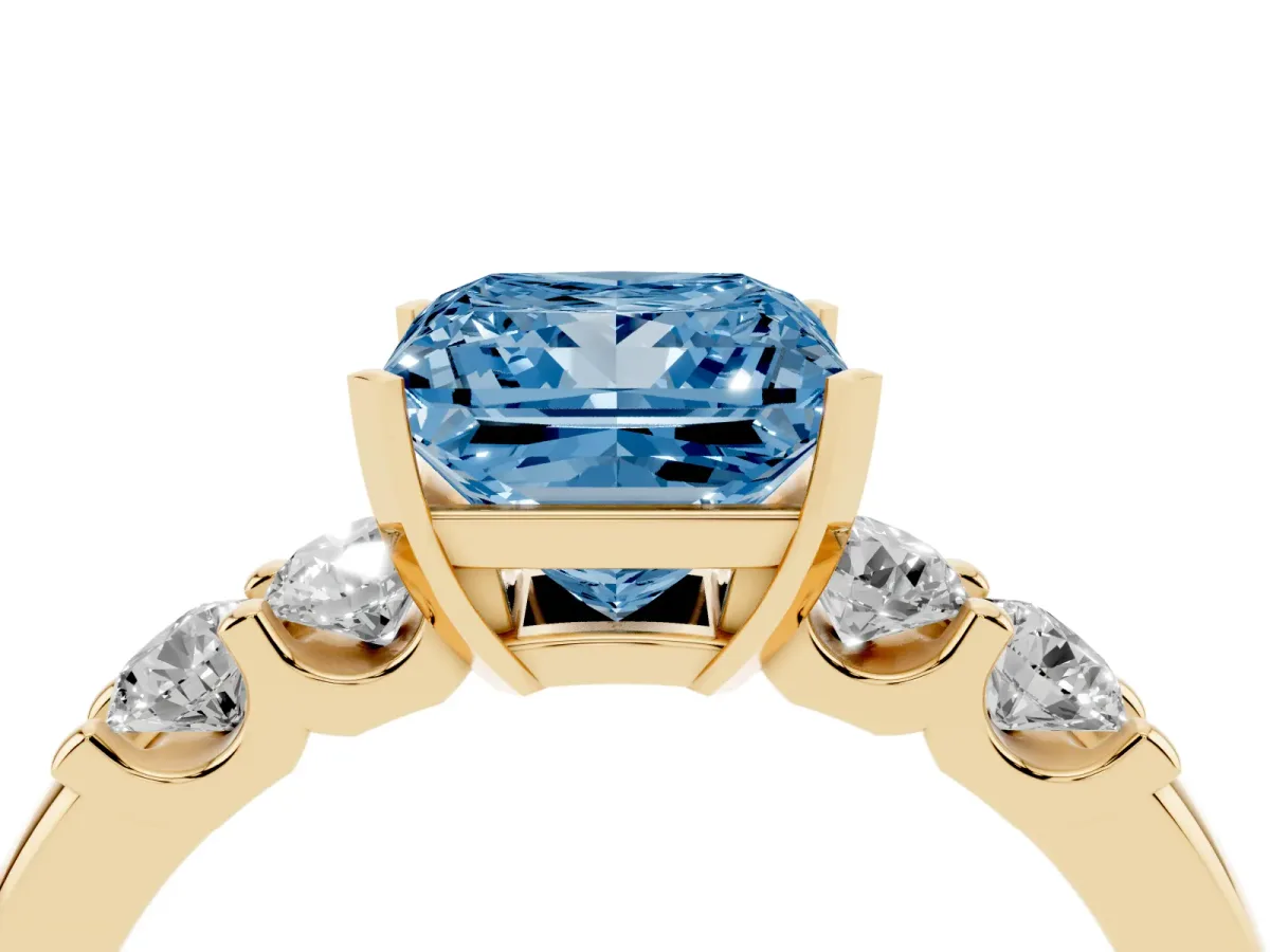 Fancy Blue Princess Cut Brilliant Cut Diamond Five-Stone Prong Set Engagement Ring with Channel Band Yellow gold
