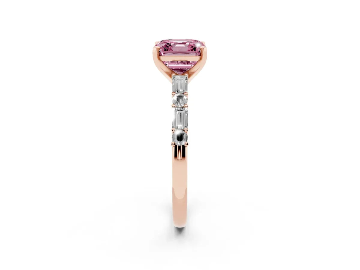 Fancy Pink Asscher Cut Diamond Solitaire with Side Baguettes and Channel Set Band Rose gold