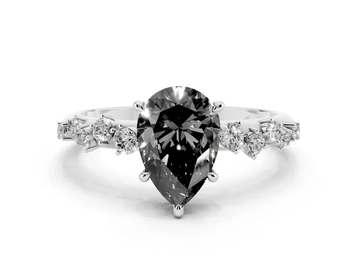 Fancy Black Pear Cut Diamond Cluster Side Stone Solitaire Ring with Prong Setting Silver