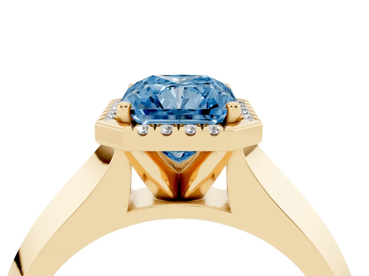 Fancy Blue Radiant Cut Halo Diamond Ring with Cathedral Band and Four-Prong Setting Yellow gold
