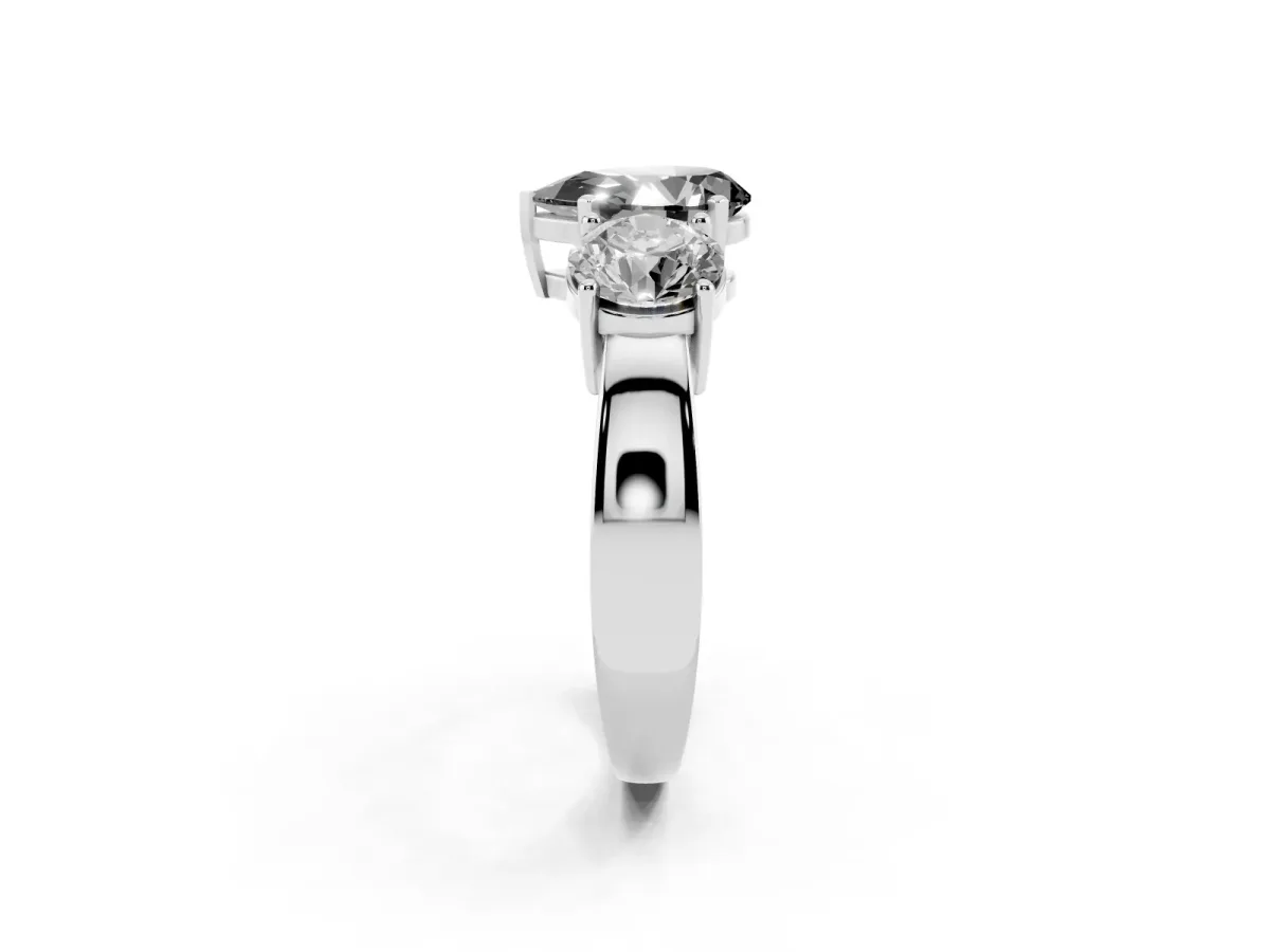 Fancy Black Three-Stone Pear Cut Diamond Ring with Round Side Stones, Classic Band, and Four-Prong Setting Silver