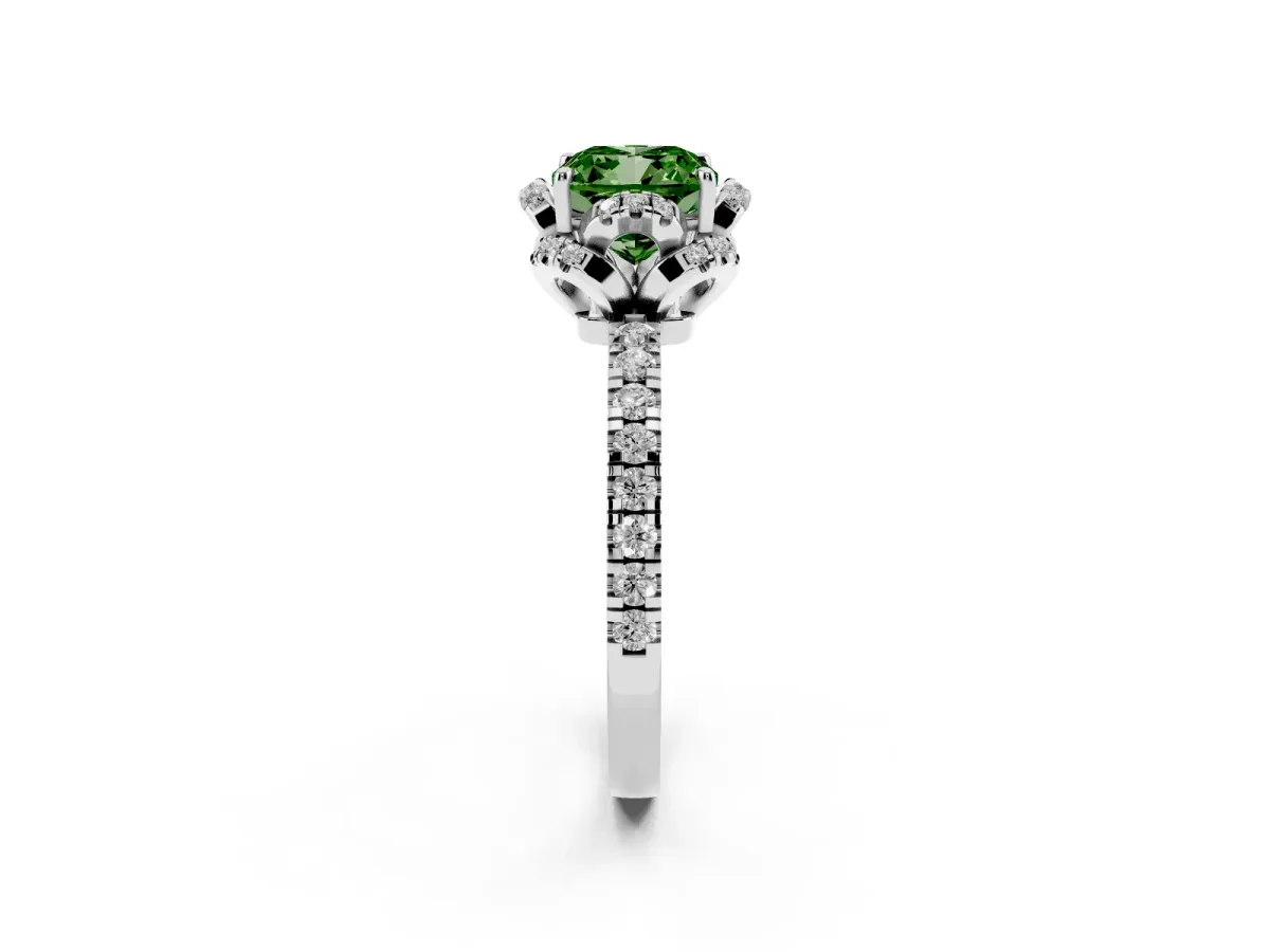 Fancy Green Cushion Cut Diamond Halo Pave Band with Four-Prong Setting Platinum