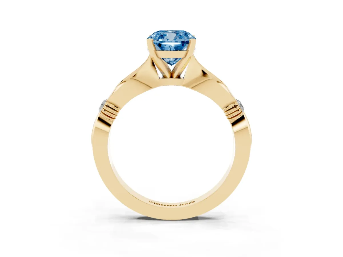 Fancy Blue Cushion Cut Solitaire Diamond Twisted Band with Four-Prong Setting Yellow gold