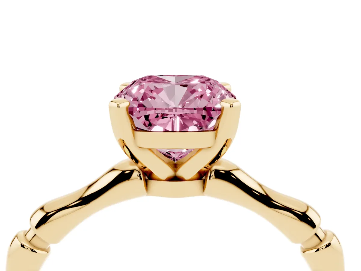Fancy Pink Cushion Cut Solitaire Diamond Ring with Bamboo Band and Four-Prong Setting Yellow gold