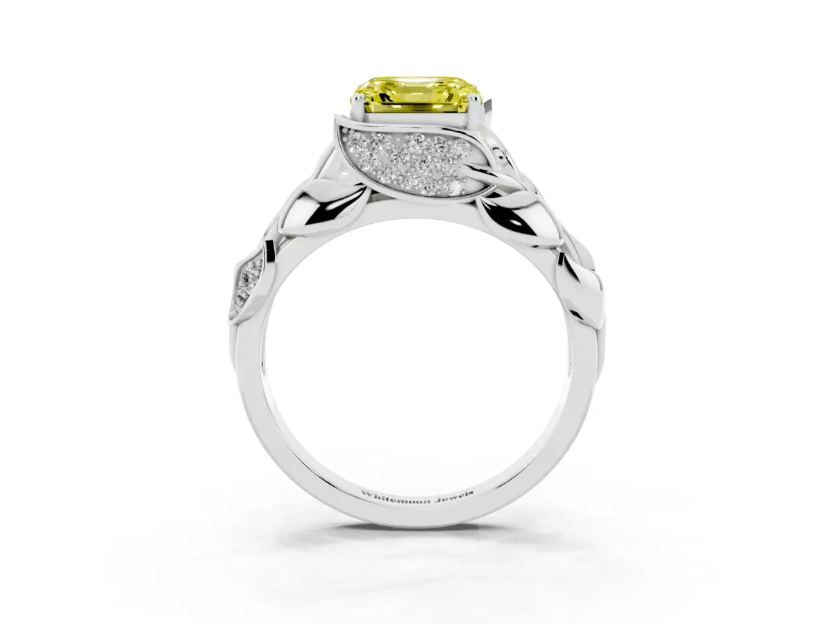 Fancy Yellow Asscher Cut Diamond Leaf-Inspired Engagement Ring with Round Accents and Prong Setting White gold