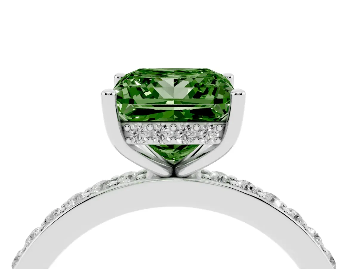 Fancy Green Princess Cut Cut Diamond Pavé Band Ring with Four-Prong Setting Silver