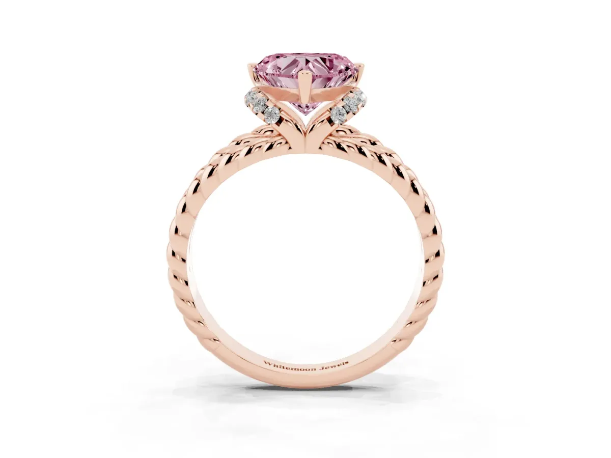 Fancy Pink Heart Cut Halo Twisted Band Four-Prong Ring Rose gold