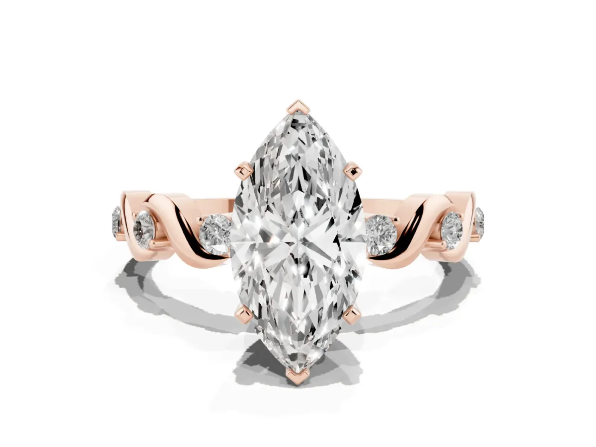 Marquise Cut Diamond Solitaire Twisted Band with Round Accents and Prong Setting Rose gold