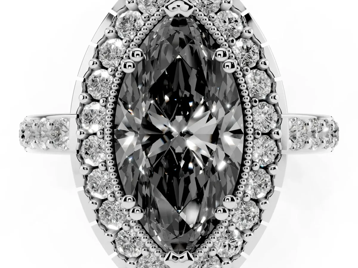 Fancy Black Marquise Cut Diamond Halo Ring with Pavé Band and Prong Setting Platinum