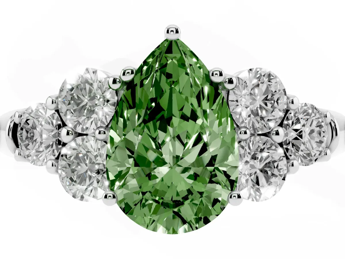 Fancy Green Pear Cut Cut Diamond Cluster Ring with Round Accent Stones and Prong Setting on a Classic Band White gold