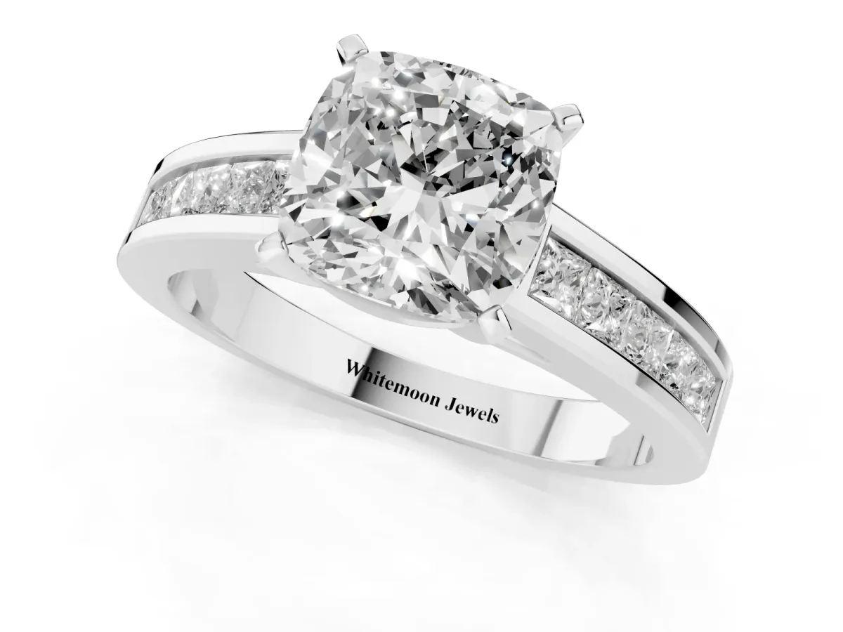 Cushion Cut Solitaire Diamond Ring with Channel-Set Band and Four-Prong Setting Platinum