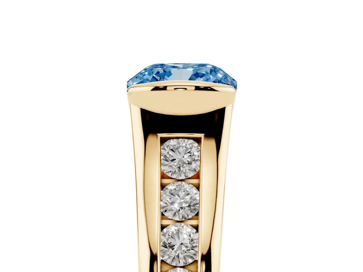 Fancy Blue Cushion Cut Solitaire Bezel-Set Diamond Ring with Channel-Set Band Yellow gold