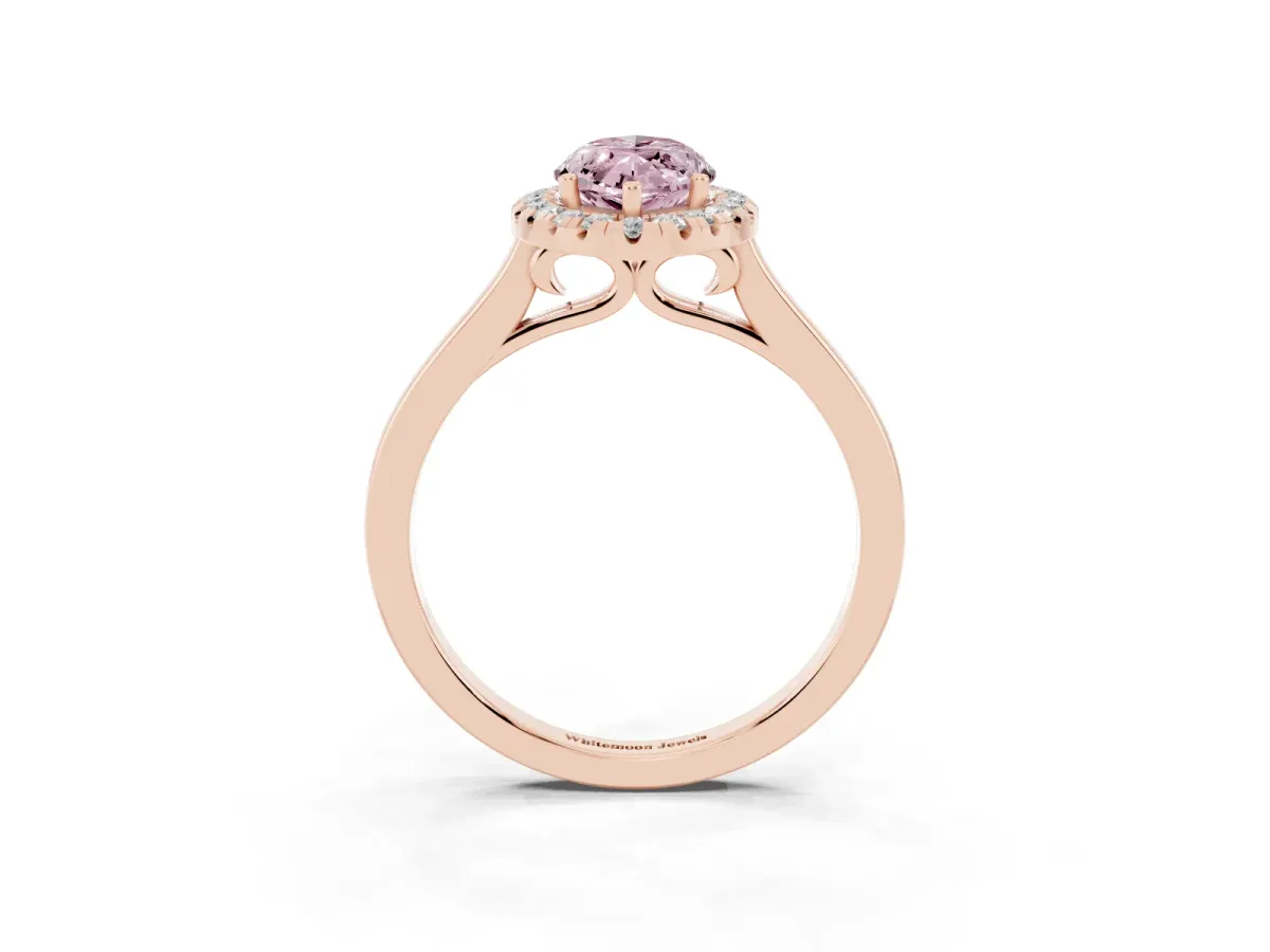 Fancy Pink Marquise Cut Halo Round Diamond Solitaire Ring with Pavé Band and Four-Prong Setting Rose gold