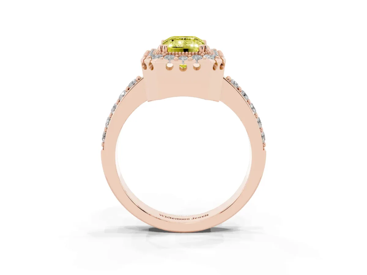 Fancy Yellow Emerald Cut Diamond Halo Ring with Pavé Band and Prong Setting Rose gold