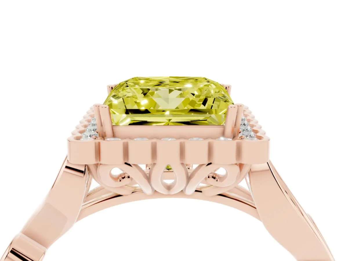 Fancy Yellow Princess Cut Diamond Halo Ring with Vintage Split Shank and Four-Prong Setting Rose gold
