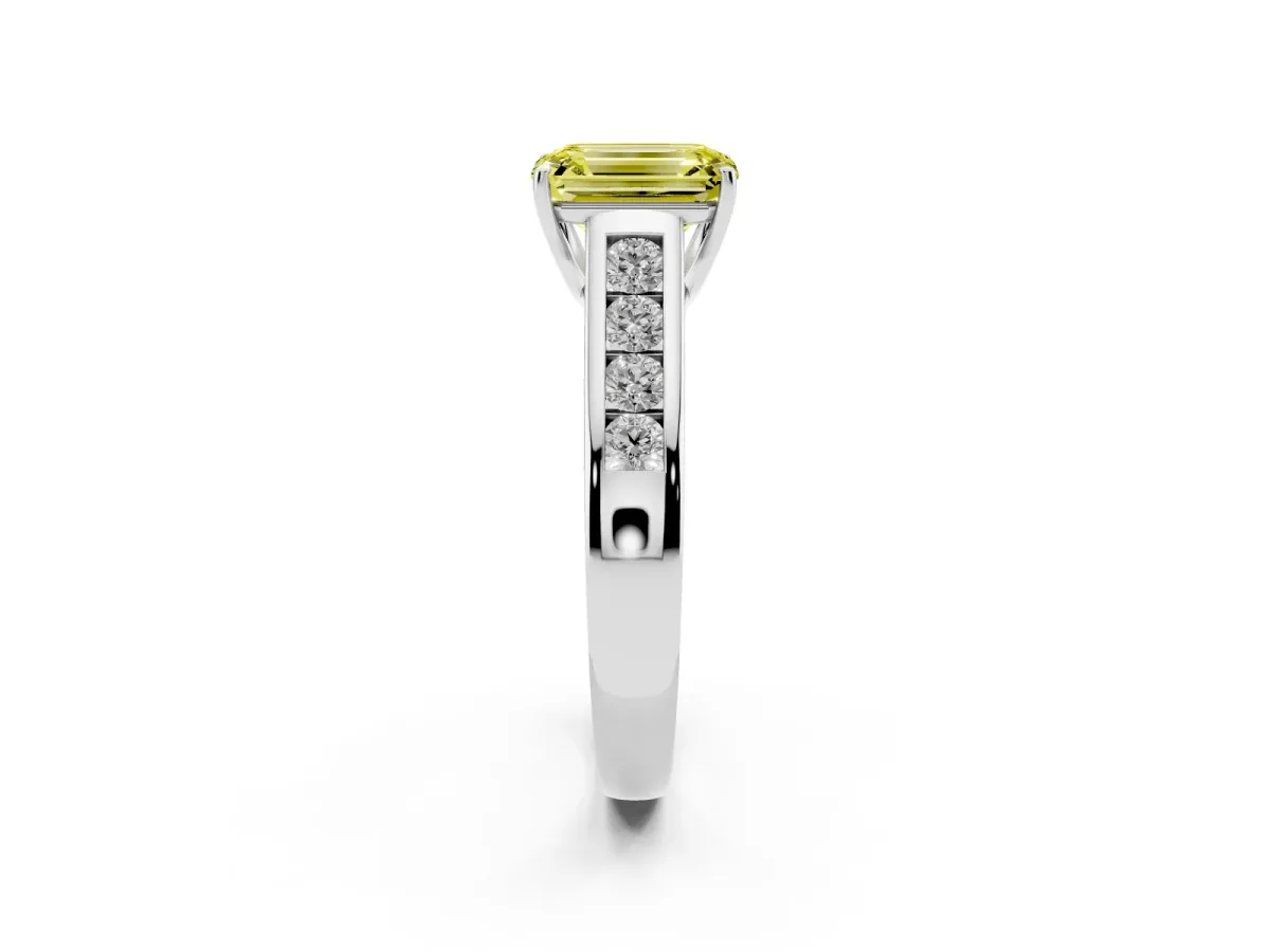 Fancy Yellow Emerald Cut Brilliant Channel-Set Solitaire Ring with Four-Prong Setting White gold
