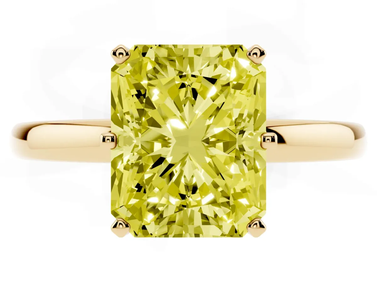 Fancy Yellow Radiant Cut Solitaire Diamond Ring with Six-Prong Setting on a Classic Band Yellow gold