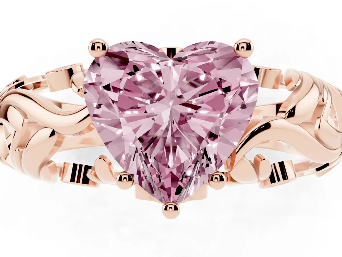 Fancy Pink Heart Cut Solitaire Diamond Leaf-Inspired Vine Band Ring with Prong Setting Rose gold