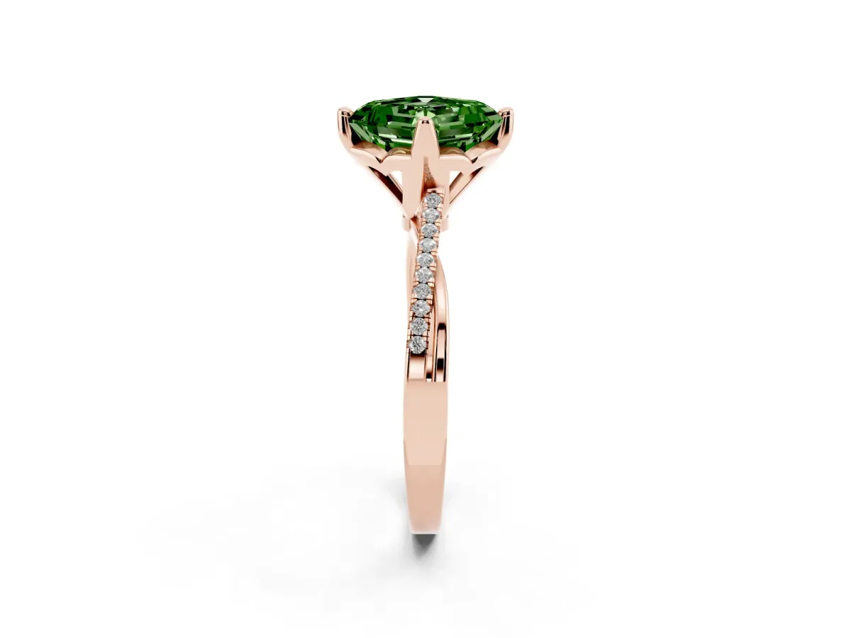 Fancy Green Asscher Cut Solitaire Twist Band with Pavé Diamonds and Four-Prong Setting Rose gold