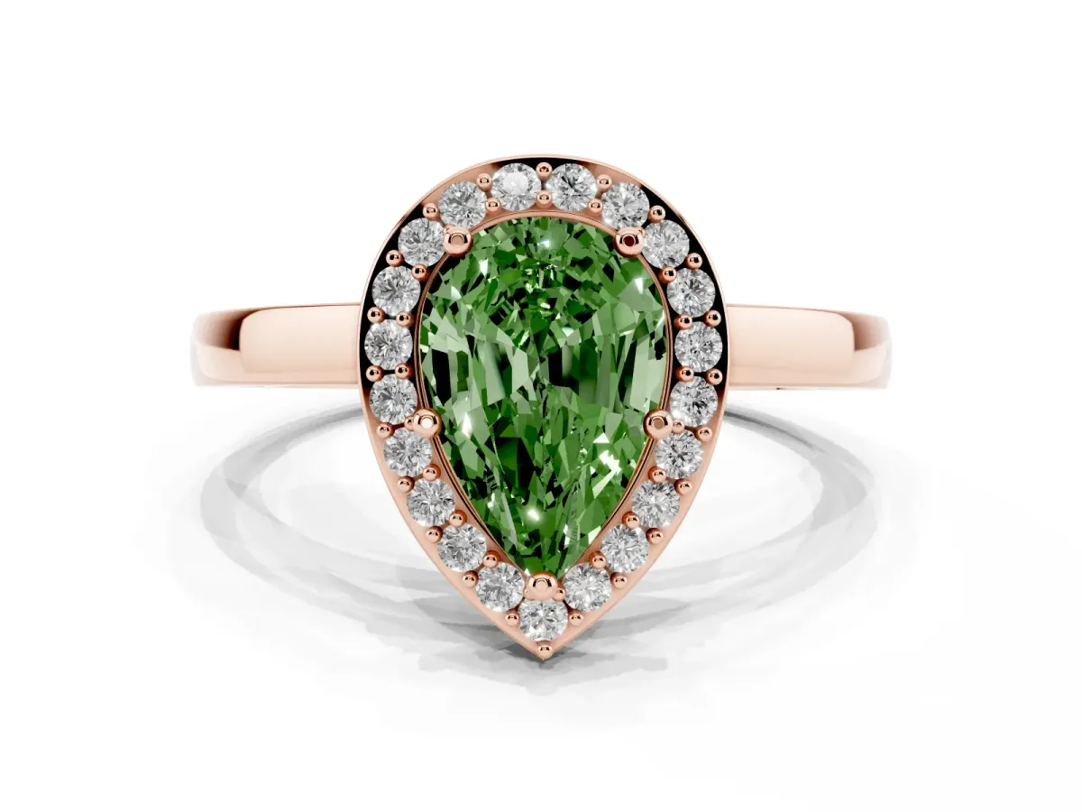 Fancy Green Pear Cut Halo Diamond Ring with Solitaire Band and Prong Setting Rose gold