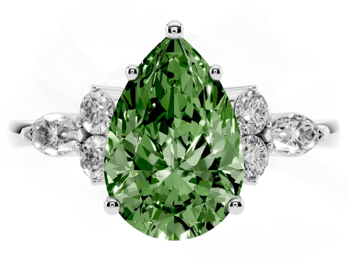 Fancy Green Pear Cut Brilliant Diamond Solitaire Ring with Pear Side Stones and Four-Prong Setting White gold