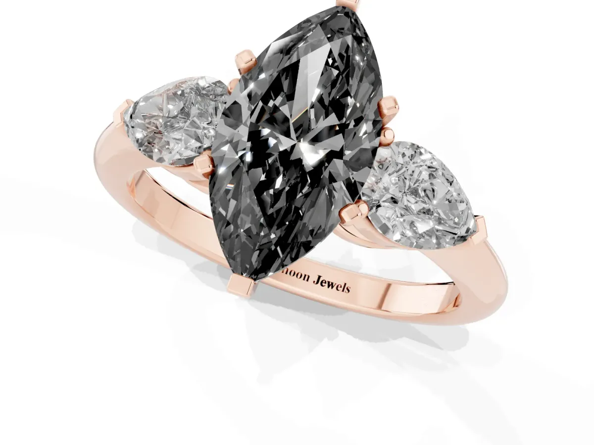 Fancy Black Three-Stone Marquise Cut Diamond Ring with Pear Side Stones and Four-Prong Setting Rose gold