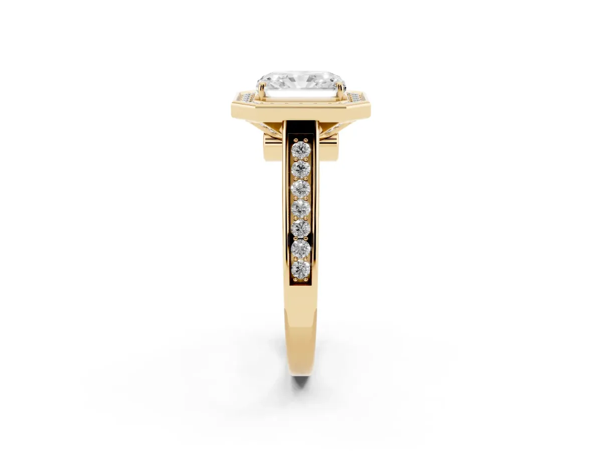 Radiant Cut Halo Solitaire Diamond Ring with Pave Band and Bezel Setting Yellow gold