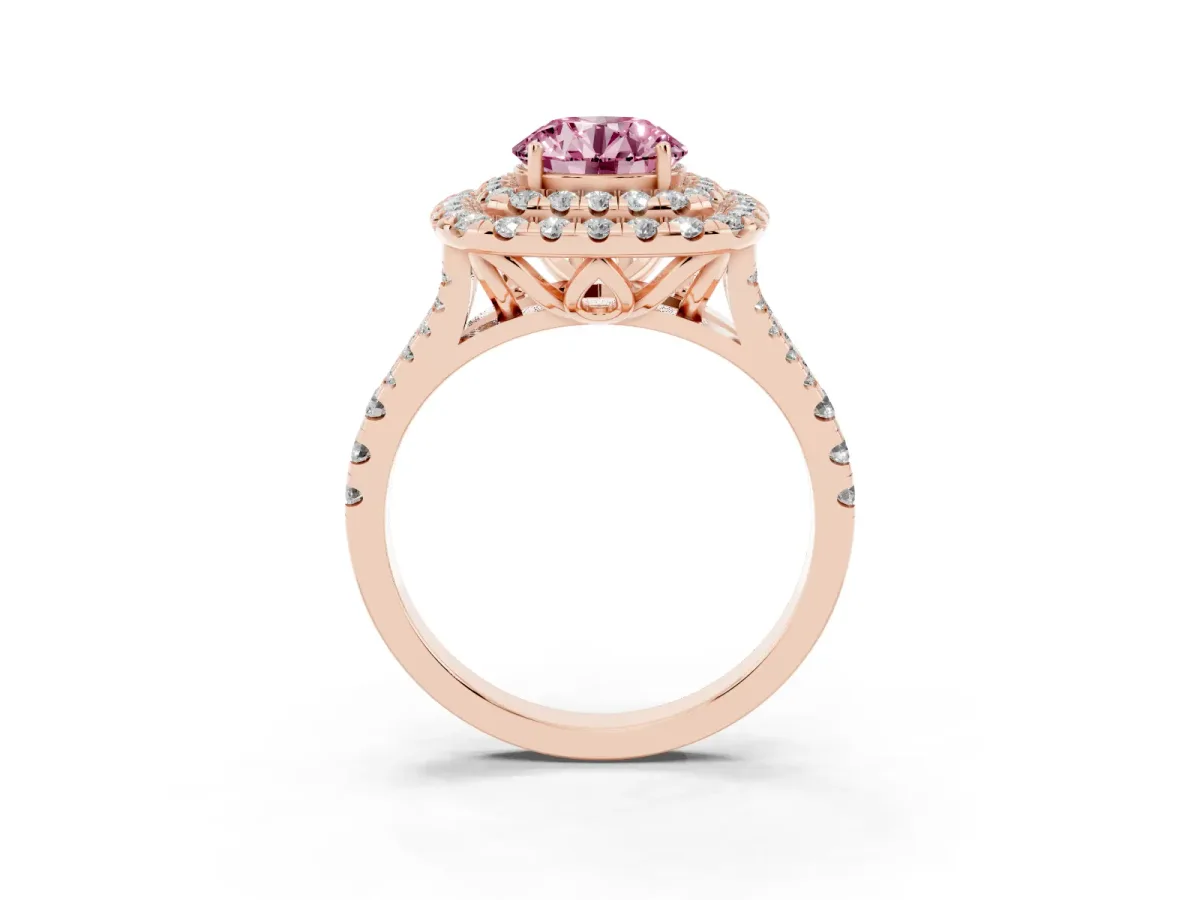 Fancy Pink Double Halo Round Cut Diamond Pavé Split Shank Ring with Prong Setting Rose gold