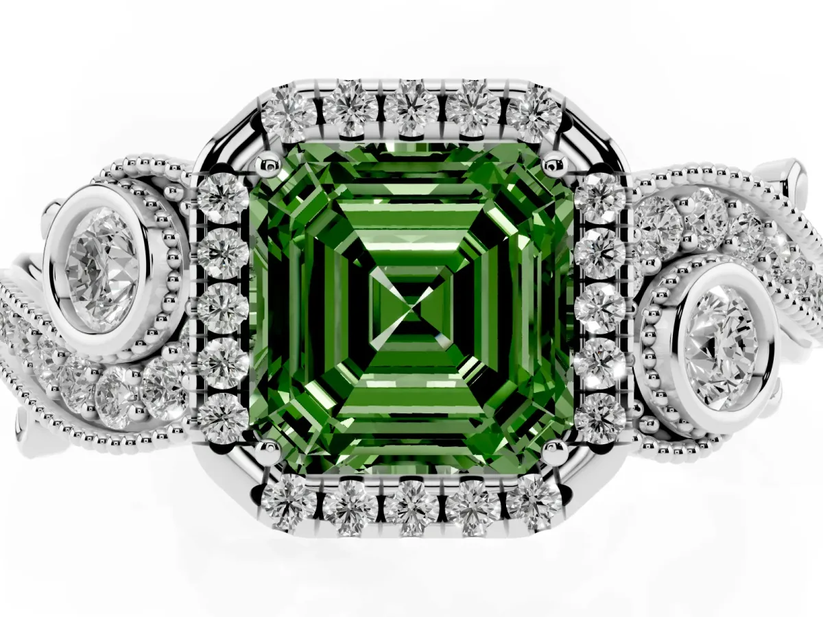 Fancy Green Asscher Cut Halo Diamond Ring with Milgrain and Bezel Accents on a Split Shank Band White gold