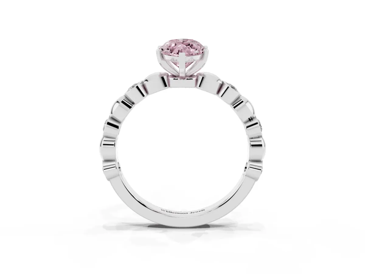 Fancy Pink Marquise Cut Solitaire Bezel-Set Diamond Ring with Beaded Band and Four-Prong Setting Silver