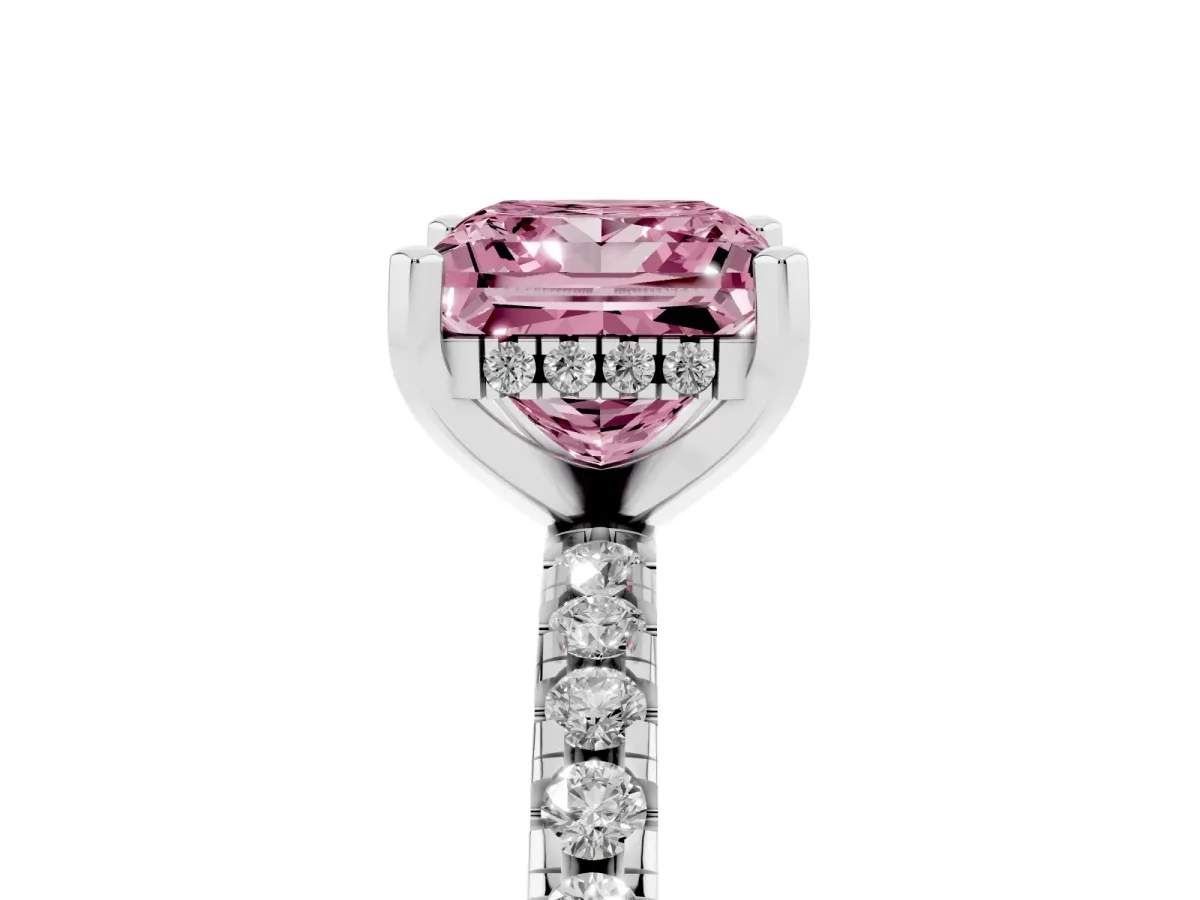 Fancy Pink Princess Cut Diamond Solitaire Ring with Round Pavé Band and Four-Prong Setting Silver