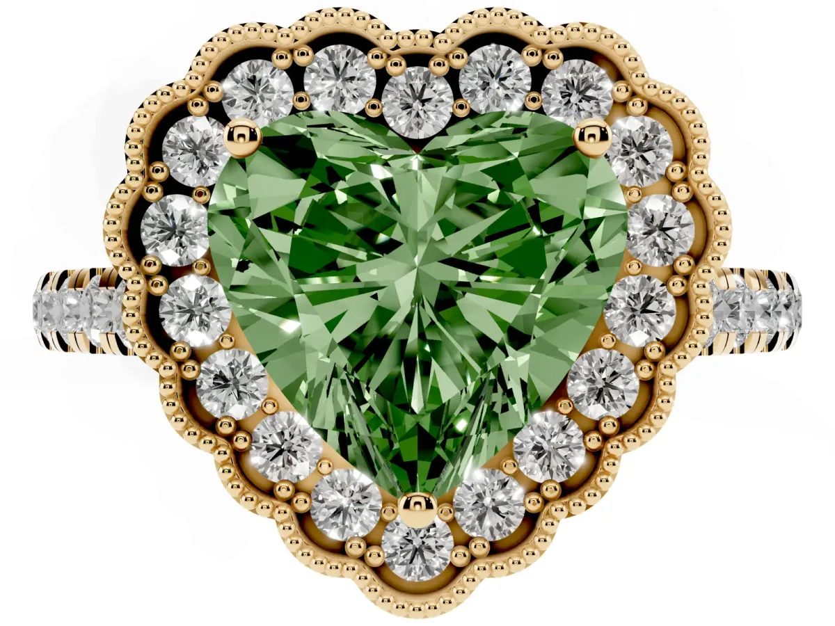 Fancy Green Heart Cut Cut Diamond Milgrain Floral Halo Engagement Ring with Pavé Band Yellow gold