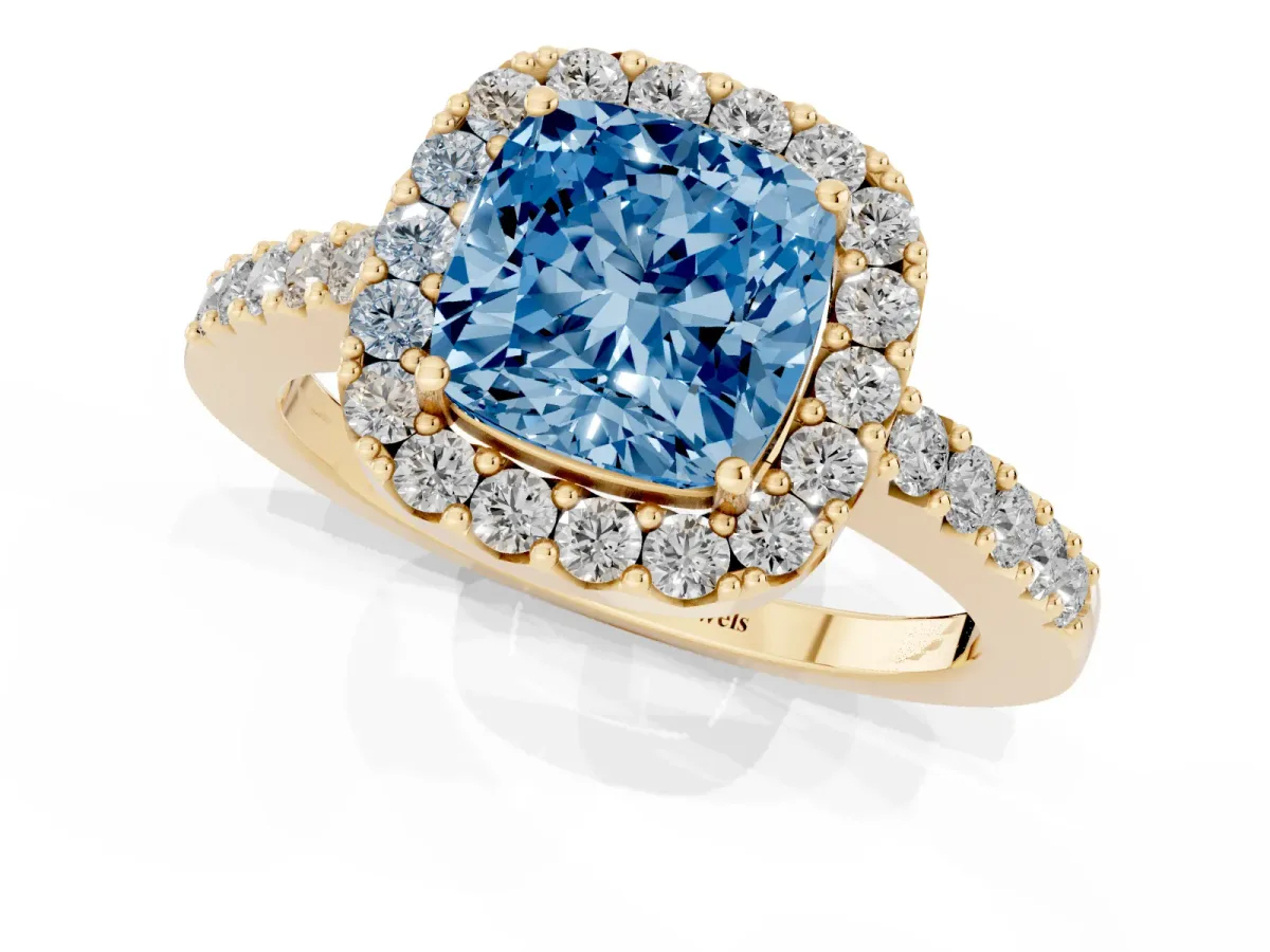 Fancy Blue Cushion Cut Halo Diamond Pavé Solitaire Ring Yellow gold