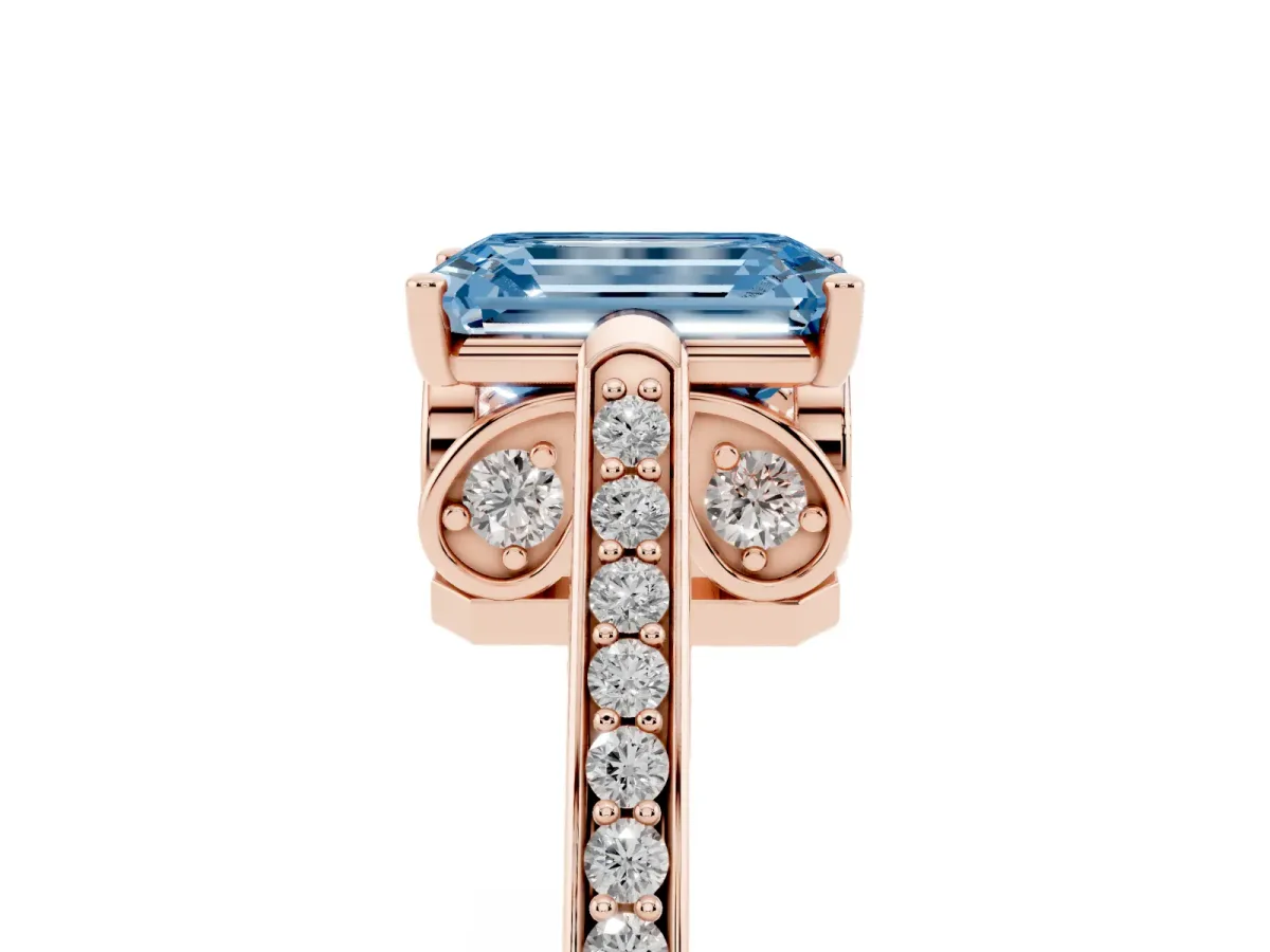 Fancy Blue Emerald Cut Cut Cathedral Pave Diamond Engagement Ring with Six-Prong Setting Rose gold