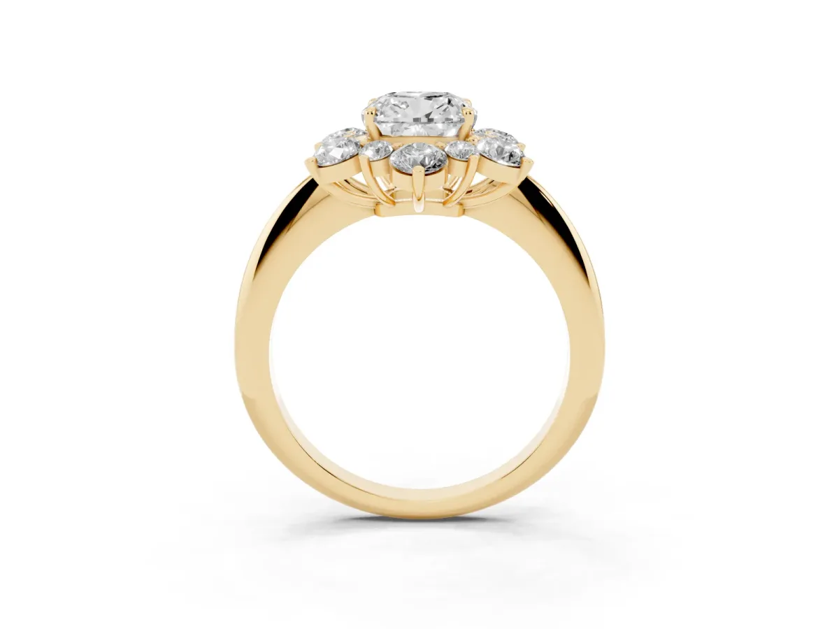 Cushion Cut Diamond Cluster Halo Ring with Solitaire Band and Four-Prong Setting Yellow gold