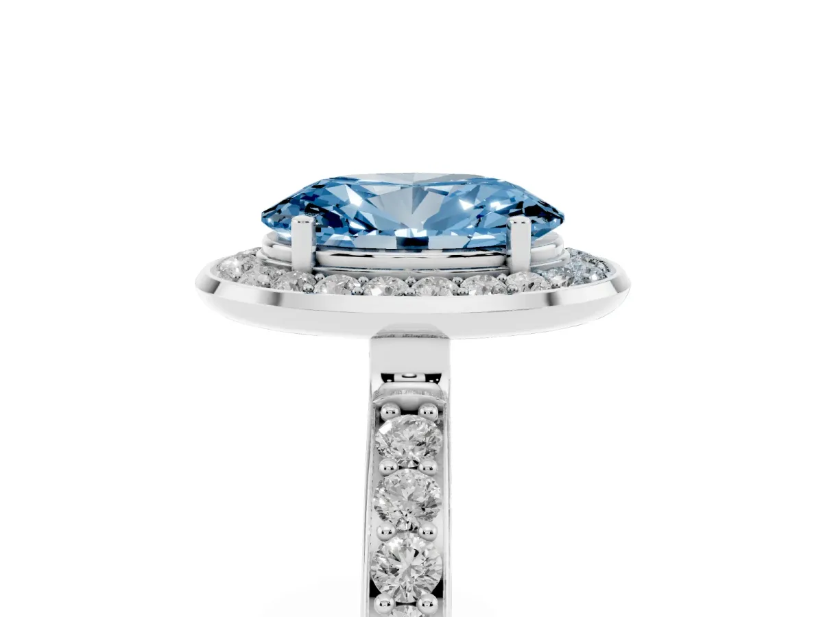 Fancy Blue Oval Cut Diamond Halo Ring with Bezel Frame and Pavé Band Silver