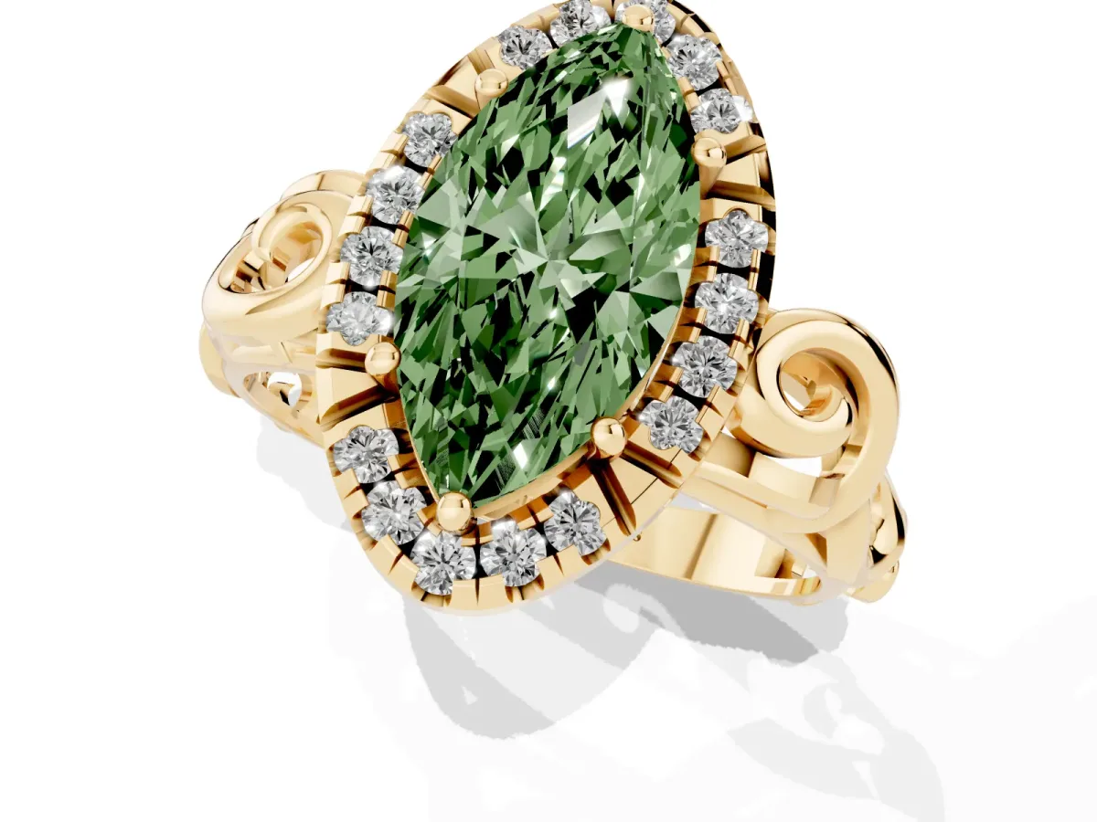 Fancy Green Marquise Cut Cut Halo Diamond Ring with Scrollwork Band and Four-Prong Setting Yellow gold